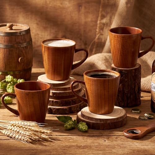 4 Pcs Wooden Coffee Mugs 10 oz Handmade Wood Vintage Rustic Tankard Viking Stein Beer Cups for Coffee Tea Beer Gift for Family Men Dad Friend Drink Tea or Home Outdoor Use (4 Count)