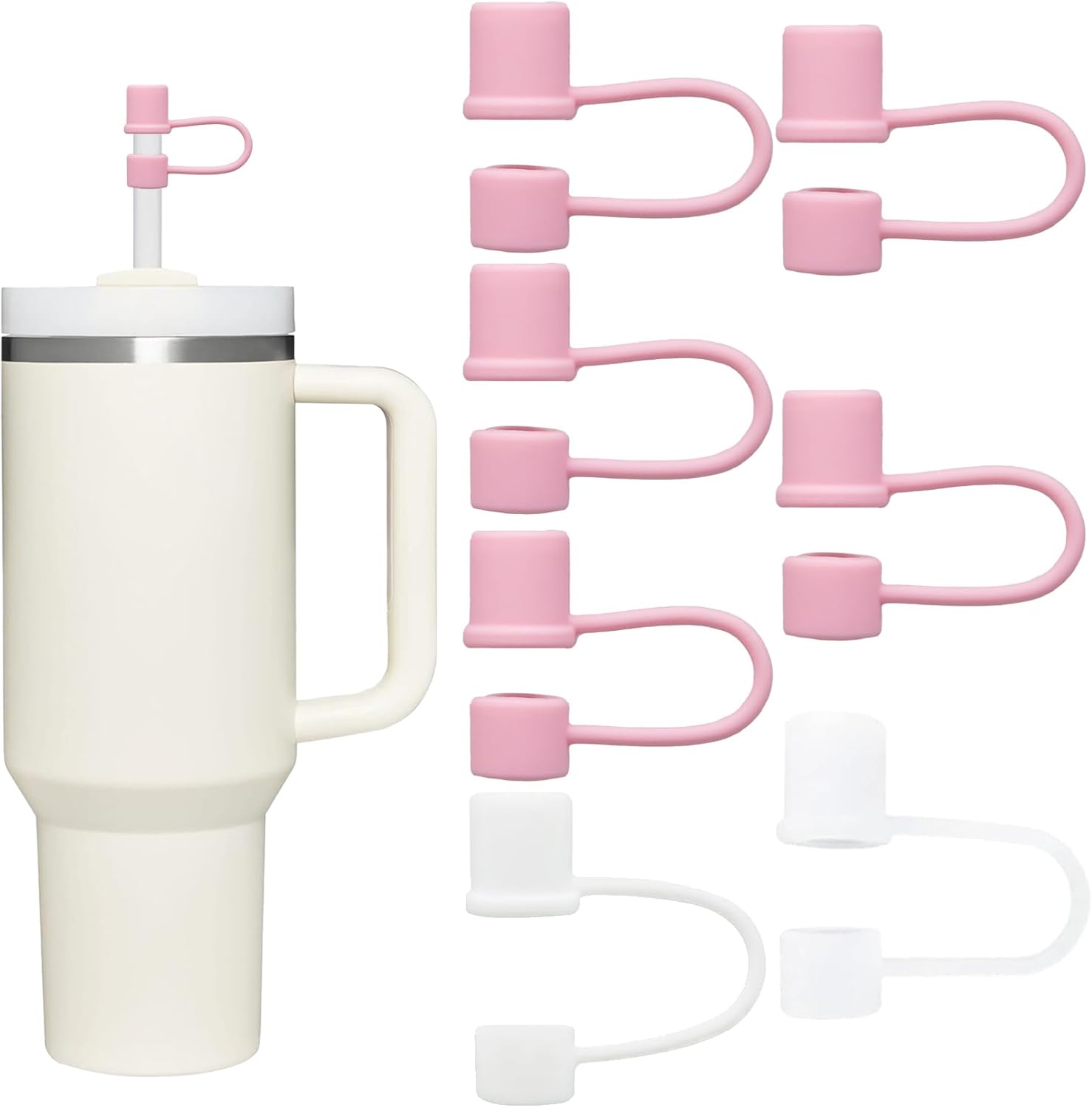 Straw Toppers for 10mm/0.39inch Diameter Straw Cover, compatable for Stanley/Owala Tumblers, Food Grade Silicone. (5pcs-Basics-LightPink)