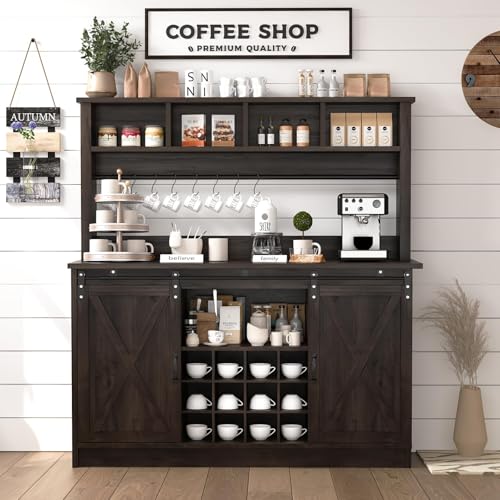 55” Farmhouse Coffee Bar with 4 Tier Storage Hutch