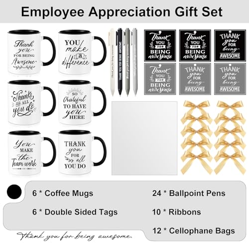 6 Set Employee Appreciation Gifts Include Thank You Staff Mug Gift Set 12 oz Appreciation Mugs Inspirational Pens Tags for Employee Staff Team Group (6 Count)