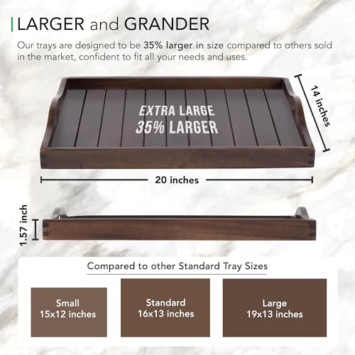 Large Acacia Wooden Serving Tray with Handles 20 x 14 inch Decorative Coffee Table Ottoman Tray for Living Room Extra Large for Kitchen Dinner Food Bar Breakfast in Bed