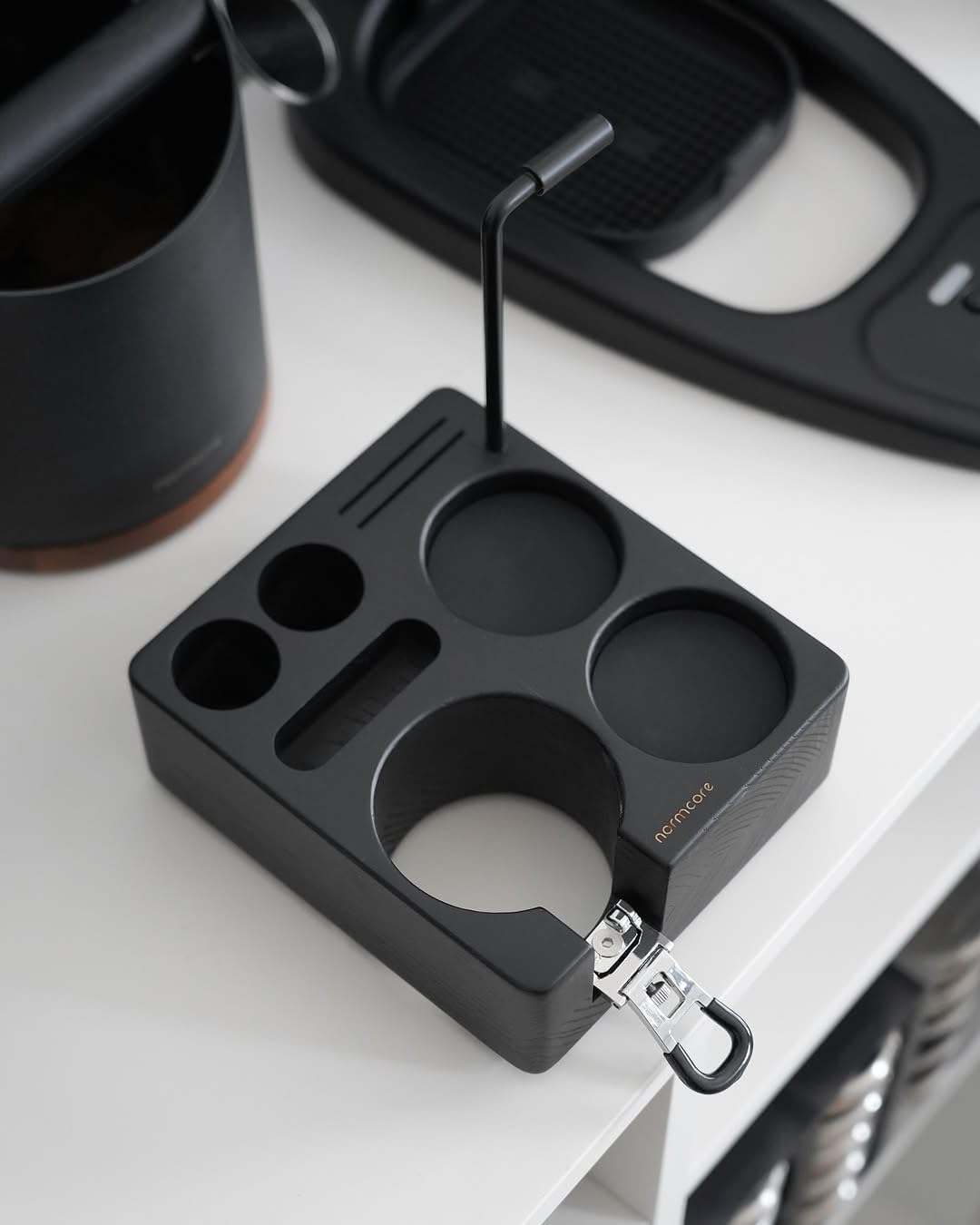 Normcore Espresso Tamping Station, Genuine American Black Ashwood, Coffee Tamper, Distributor, WDT, Puck Screen, Portafilter Holder Stand, Solid Black Ashwood for 58mm Espresso Machine Accessories