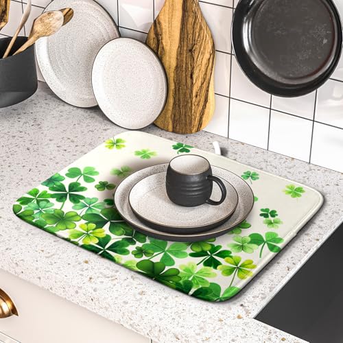 Spring Sage Green Shamrocks Drying Mat 16x18 Inch St. Patrick's Day Irish Shamrock Clover Dish Rack Pad Super Absorbent Dish Drainer Mat Dish Drying Pad Mats Protector for Kitchen Counter Coffee Bar