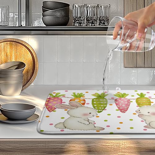 Easter Spring Dish Drying Mats Cute Bunny Dish Mat Easter colorful Carrots Drying Matt Dishes Dryer Pad for Kitchen Counter Absorbent Microfiber Washable Foldable Reusable 18x24 in