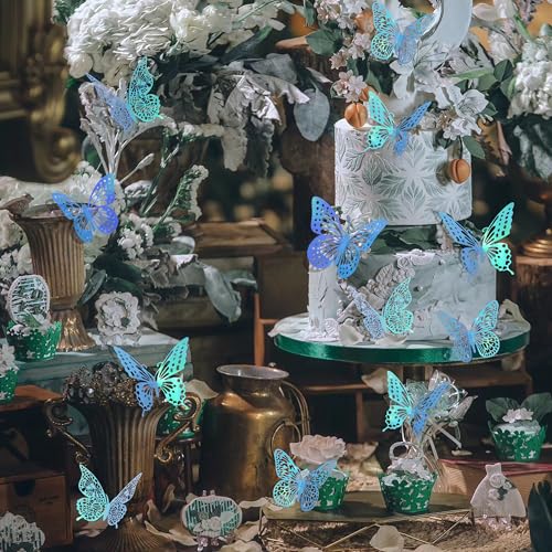 3D Butterfly Wall Decor 48 Pcs Laser Blue Butterfly Decorations (48 Count)