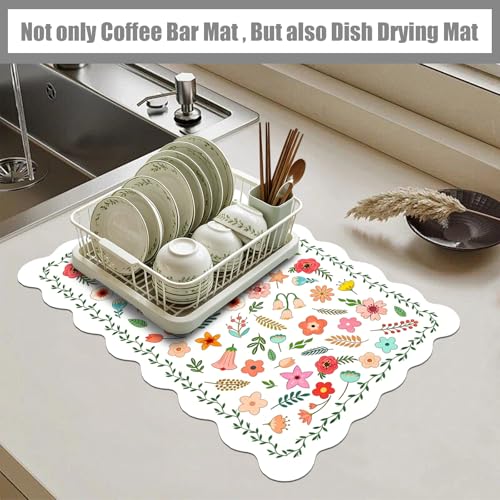 Scalloped Coffee Bar Mat for Kitchen Counter Boho Flowers