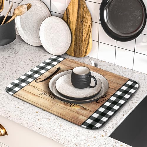 Home Sweet Home Dish Drying Mat 16x18 Inch Fall Autumn Maple Leaf Wreath Dish Drainer Mats Rustic Brown Wood Board Microfiber Dish Drying Rack Pad for Kitchen Countertop Farmhouse Decor