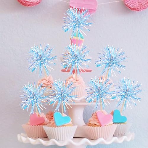 30 PCS Foil Firework Cupcake Toppers Happy Birthday Cupcake Toppers Sparkle Tinsel Flower Drink Stirrers Cocktail Fruit Toothpicks for Valentine's Day Baby Shower Party Cake Decor Supplies Blue (30 Count)