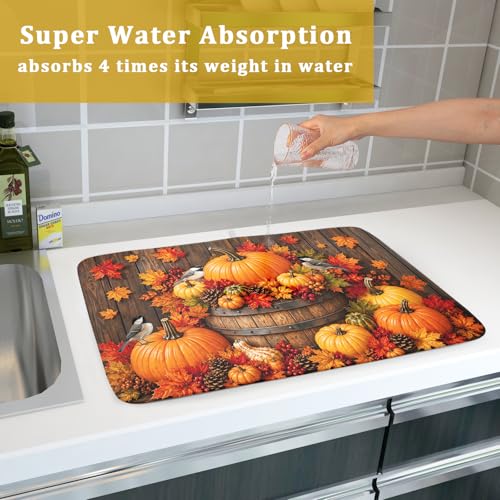 Autumn Dish Drying Mat for Kitchen Countertop Fall Pumpkin Maple Leaf Birds Dish Drainer Mats 18x24inch Rustic Wood Board Grain Dish Drying Rack Pad Protector for Dining Seasonal Decor