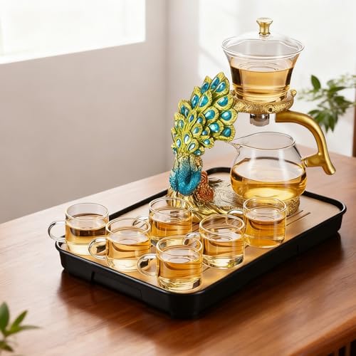 Lazy Kungfu Glass Tea Set Heat Resistant Semi Automatic Drip Rotating with Infuser Magnetic Teapot Set for Gongfu Tea Making Ideal