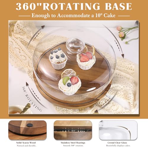 12" Rotating Acacia Wood Cake Stand with Glass Lid
