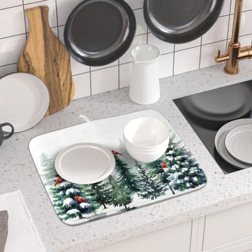 Green Pine Tree Forest Dish Drying Mat for Kitchen Counter