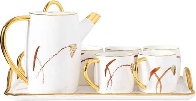 Porcelain Tea Set for Adults, Ceramic Afternoon Tea Set with Teapot, 6 Cups & Tea Tray, Luxury Gift Tea Service for Parties & Home Use