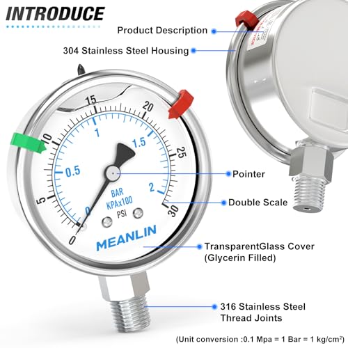 0~30Psi Liquid Filled Pressure Gauge Stainless Steel 2.5" FACE DIAL 1