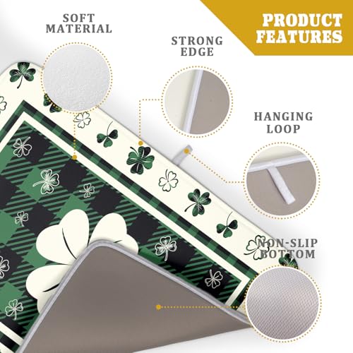 Patrick Clovers Dish Drying Mat 18"x24" Lucky Shamrock Spring Leaf Dish Drainer Mats Green Black Buffalo Plaids Absorbent Microfiber Dish Drying Pad for Kitchen Countertop Large Decor