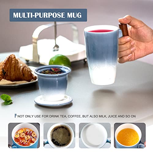 Tomotime Tea Cup with Infuser and Lid 400ml Ceramic Tea Mugs Smooth Inner Wall Wooden Handle 13.5 oz