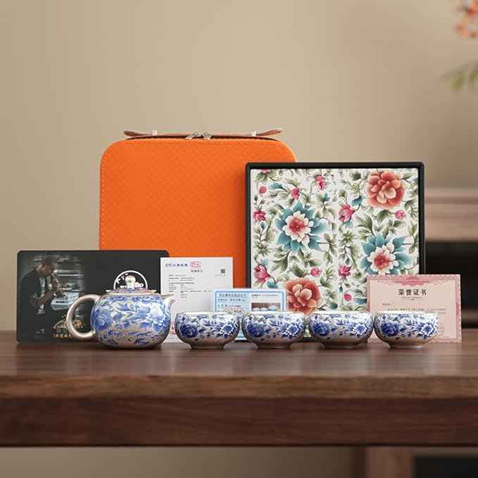 One Silver-Plated Teapot with Two Cups and Four Cups Blue-and-White Peony Xi Shi Teapot Gift Set 鎏银 青花牡丹西施茶壶 (Blue-and-White Peony Xi Shi Teapot + Four Cups + Tea Tray in Leather Case)