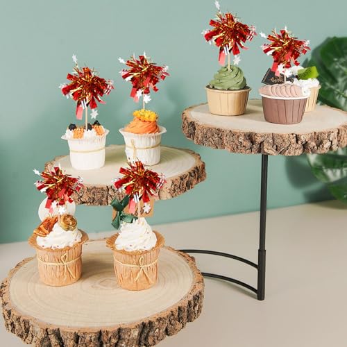30 PCS Foil Firework Cupcake Toppers Happy Birthday Star Cupcake Picks Sparkle Tinsel Drink Stirrers Cocktail Fruit Toothpicks for Valentine's Day Wedding Birthday Party Decorations Supplies Red Gold (30 Count)