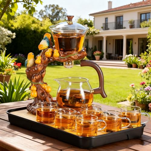 Lazy Kungfu Glass Tea Set Heat Resistant Semi Automatic Drip Rotating with Infuser Magnetic Teapot Set for Gongfu Tea Making Ideal