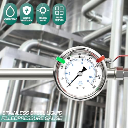 0 160PSI Stainless Steel Glycerin Liquid Filled Pressure Gauge 1