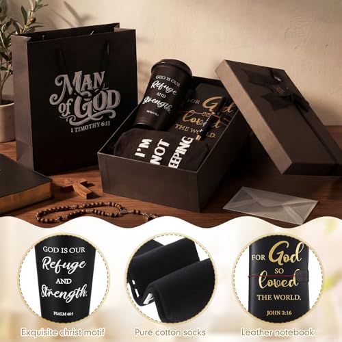 42 Pcs 6 Sets Christian Gifts for Men 16oz Reusable Religious Bible Coffee Cups with Lid Black Leather Notebook Socks Pen Card Man of God Bag Pastor Appreciation Gift with Bottle Opener (42 Count)