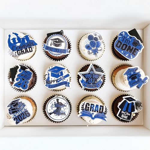 48Pcs Edible Graduation Cap 2026 Cupcake Toppers Wafer Paper Grad Cap Diploma Cake Decoration Picks for 2026 Grad Theme Party Cake Decor Supplies Black Blue (48 Count)