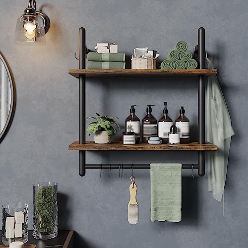 24" 2 Tier Industrial Pipe Wall Shelf with 8 Hooks