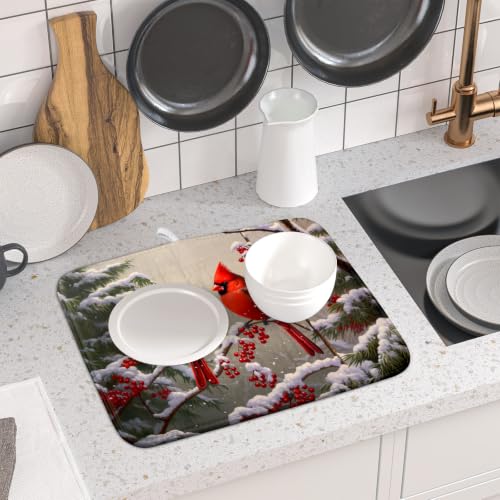 Winter Red Cardinal Bird Dish Drying Mat for Kitchen Counter