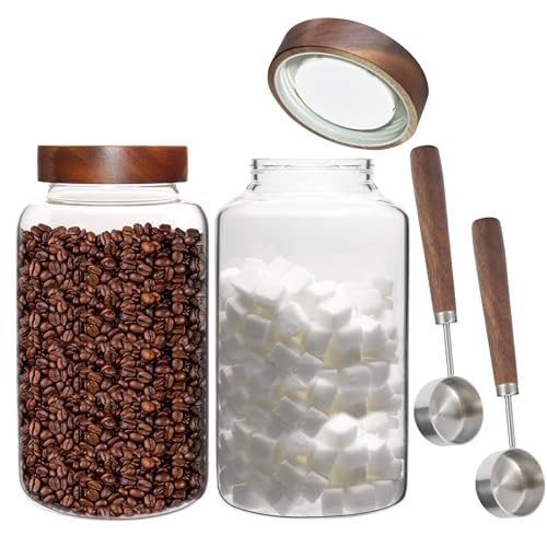 Glass Coffee Jars Spice Jar Round Storage Canister with Wooden Lid Clear Glass Food Jar for Pantry Sugar Tea Coffee Bean Spice Nuts Cookies Bath Salts