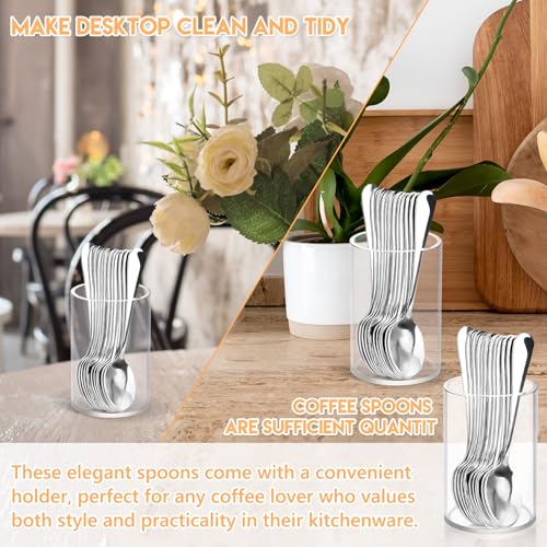 12 Pcs Mini Coffee Spoons with Holder 4.7 inch Demitasse Espresso Stainless Steel Spoon Tea Spoons set of 6 with Acrylic Cylinder Holder Small Coffee Spoon Silver for Cafe Bar Tea Party Home (6 Count)