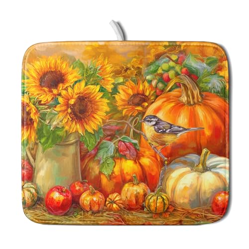Vintage Fall Autumn Dish Drying Mat 16"x18" Small Rustic Pumpkin Sunflower Bird Dish Drainer Mats Thanksgiving Farmhouse Reversible Dish Drying Pad for Kitchen Countertop Dining Room