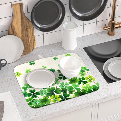 Spring Sage Green Shamrocks Drying Mat 16x18 Inch St. Patrick's Day Irish Shamrock Clover Dish Rack Pad Super Absorbent Dish Drainer Mat Dish Drying Pad Mats Protector for Kitchen Counter Coffee Bar