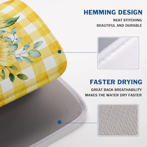 Sunflower Dish Drying Mat 18x24 Inch Absorbent Reversible Summer Sunflower Drying Mat Summer Plaid Dish Drying Rack Mat Yellow Summer Themed Dish Drainer Mat for Kitchen Counter Coffee Bar