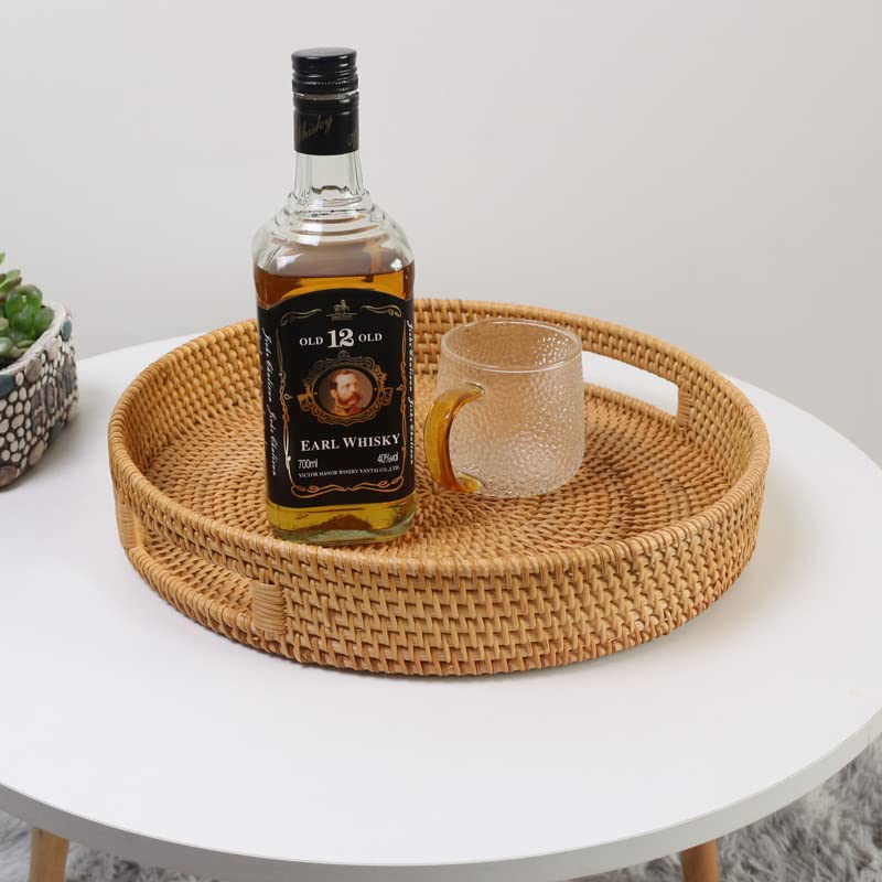 Coffee Table Tray Round Rattan Ottoman Tray Woven Serving Trays with Handles for Home and Kitchen Decorative Natural