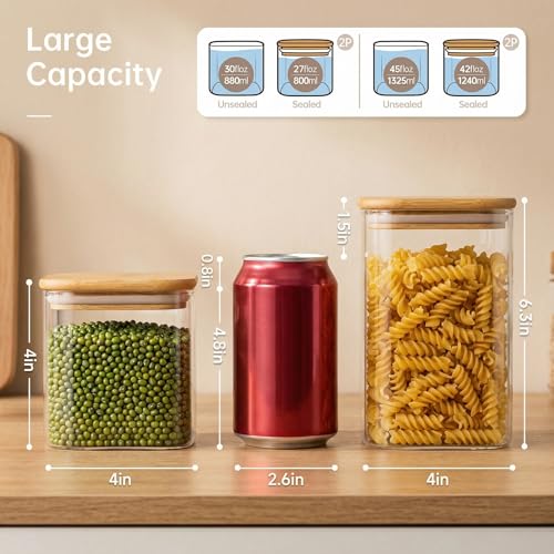 42 oz & 27 oz Square Glass Food Storage Containers with Bamboo Lids (4 Count)