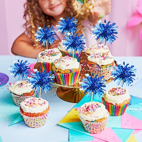 30Pcs Foil Firework Cupcake Toppers Happy Birthday Cake Toppers Sparkle Tinsel Flower Drink Stirrers Cocktail Food Fruit Toothpicks for Valentine's Day Party Supplies Blue (30 Count)