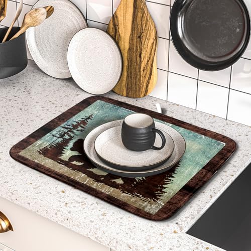 Retro Brown Bear Forest Cabin Dish Drying Mat Countertop 16x18 Fall Blue Sky Cloud Cartoon Wild Animal Bushes Drainer Mat Pine Tree Grass Dishes Pad Rustic Floral Dish Drainer Rack
