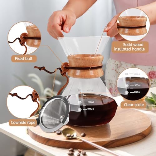 Pour Over Coffee Maker 400ml with 304 Stainless Steel Filter Wooden Collar Holder Borosilicate Glass Drip Coffeemaker Server Set Clear Hand Brew Dripper Carafe for Home Camping Travel 13.5oz