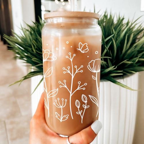 Floral Cup 16 Oz Can Glass with Bamboo Lid and Straw