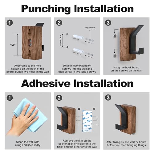 4 PCS Black Walnut Wood Wall Hooks Adhesive Mounted & Wall Mounted Rustic Decorative Entryway Hooks Mid Century Modern Natural Wooden Pegs for Hanging Coat Clothes Hat Bag Purse and Towel (4 Count)