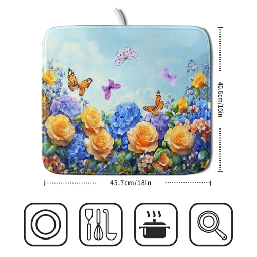 Spring Blue Yellow Hydrangeas Flowers Dish Drying Mat for Kitchen Counter