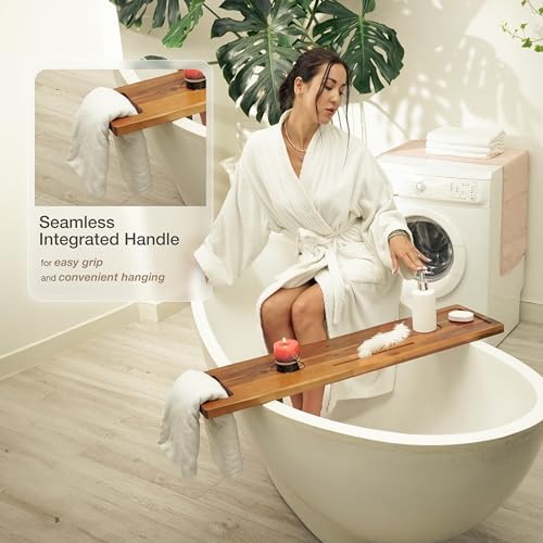 39" L Acacia Wood Bathtub Tray with Adjustable Width & Phone Slots