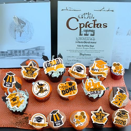48Pcs Edible Graduation Cap 2026 Cupcake Toppers Wafer Paper Grad Cap Diploma Cake Decoration Picks for 2026 Grad Theme Party Cake Decor Supplies Black Orange (48 Count)