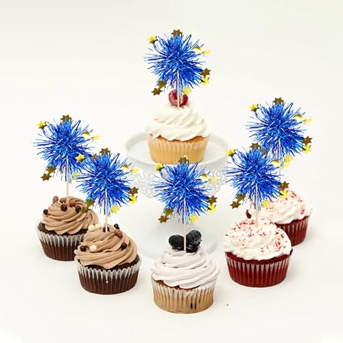 30 PCS Foil Firework Cupcake Toppers Happy Birthday Star Cupcake Picks Sparkle Tinsel Drink Stirrers Cocktail Fruit Toothpicks for Valentine's Day Wedding Birthday Party Decorations Supplies Blue (30 Count)
