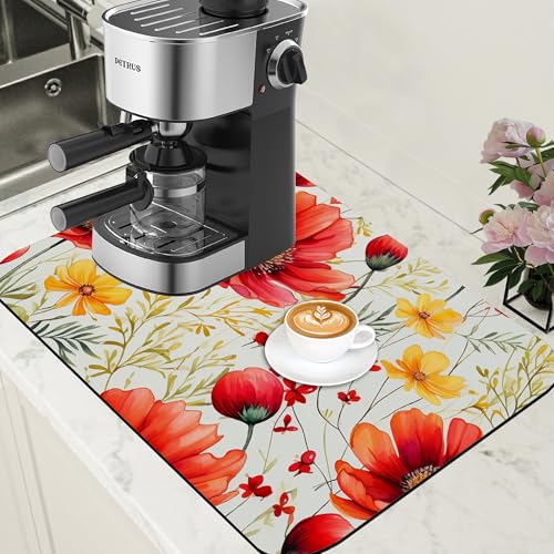 Red and Yellow Flowers Coffee Mat Absorbent Dish Drying Mat for Kitchen Counter Hide Stain Rubber Backed Coffee Bar Accessories Fit Under Espresso Machine Dish Drainer