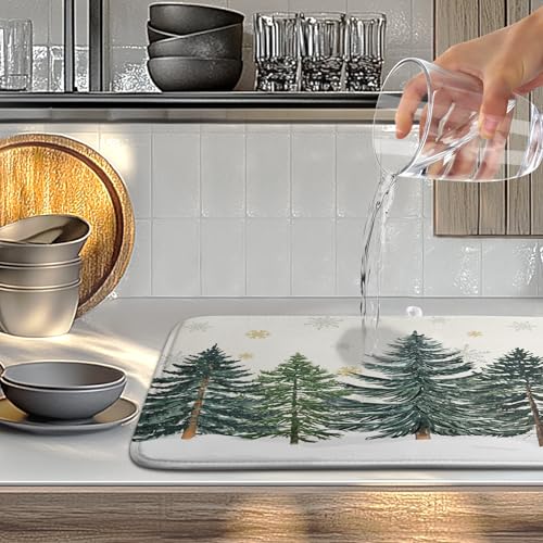 Winter Forest Dish Drying Mat Winter Snowflake Large Kitchen Mats Dish Drying Pad Christmas Tree Absorbent Dish Dryer Mat for Kitchen Countertops Microfiber Drainer Pad Dish Drying Mats