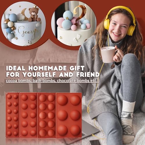 Hemisphere Silicone Molds 4 Size Set for Hot Cocoa Chocolate Bombs Valentines Semi Ball Making Kit Cake Decor Mould
