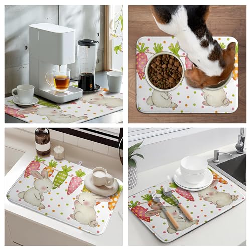 Easter Spring Dish Drying Mats Cute Bunny Dish Mat Easter colorful Carrots Drying Matt Dishes Dryer Pad for Kitchen Counter Absorbent Microfiber Washable Foldable Reusable 18x24 in