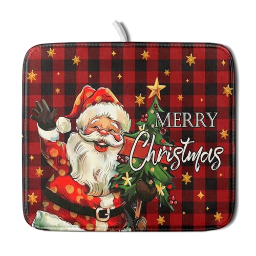 Merry Christmas Santa Claus Red Buffalo Plaid Dish Drying Mat for Kitchen Counter