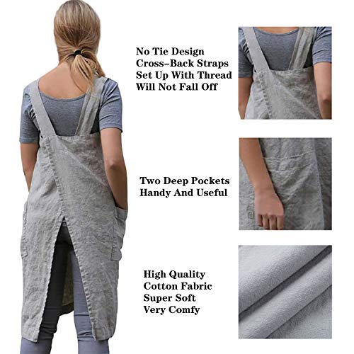 D Cotton Linen Apron Cross Back Apron for Women with Pockets Pinafore Dress for Baking Cooking